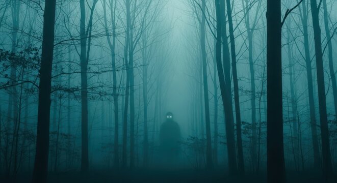 A mysterious figure with glowing eyes stands in a foggy, dark forest among tall trees