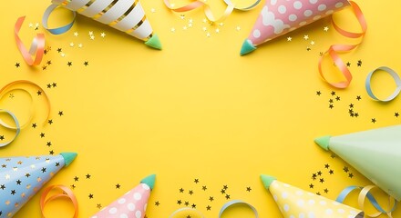 Colorful Party Hats and Decorations on Yellow Background.