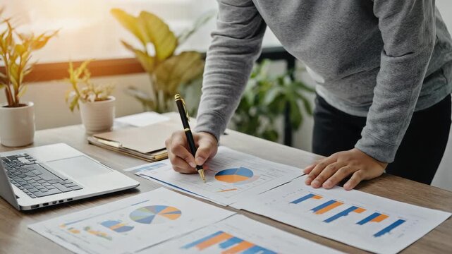 Businessman working with graphics in modern office, showcasing data analysis and business progress - Powered by Adobe