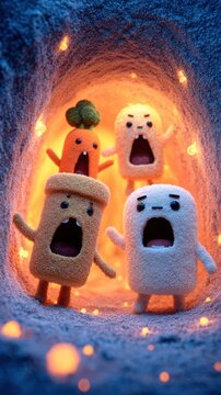 Naklejki Scared cartoon food characters in glowing blue tunnel