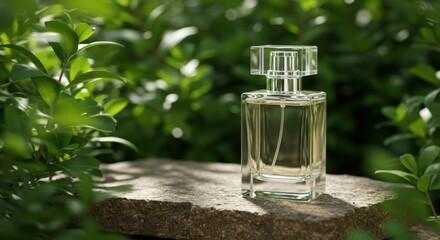 Elegant Perfume Bottle on Stone with Green Foliage.