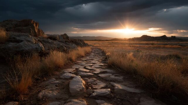 Sunset over rocky path in dry grassland with dramatic cloudy sky creating moody atmosphere and golden hour light on stone trail through wilderness natural landscape outdoor scenic view