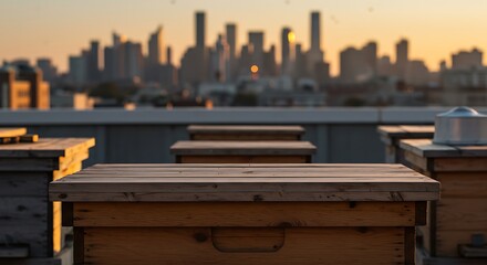 Mockup urban beekeeping with beehives on a rooftop overlooking a city skyline at sunset for commercial usage