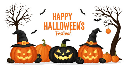 Joyful Halloween pumpkins with carved faces and witch hats celebrate the festive autumn season.