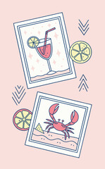 Hand-drawn summer mood artwork with multiple frames showing cocktails, lobsters, lemons, and sunlit beaches decorated in pastel pink and blue tones