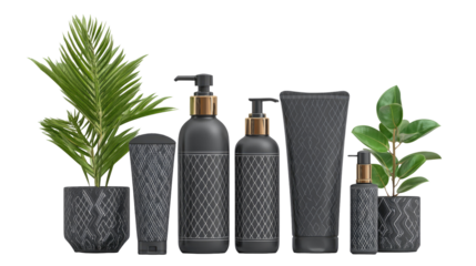 Dark gray cosmetic bottles and containers, accented with gold, arranged with plants