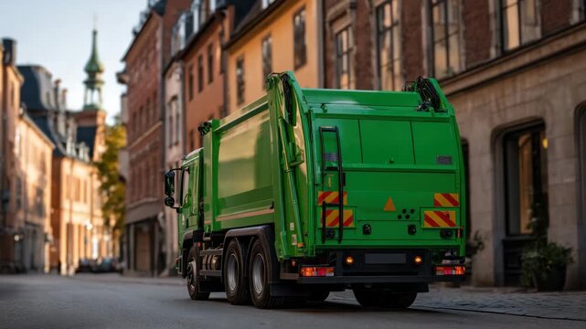Garbage truck waste collection green truck city street urban environment old building recycling vehicle street cleaning transportation industrial vehicle calm evening light historic buildings clean