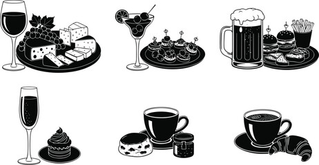 Food and drink silhouettes, wine and cheese, cocktail appetizers, beer fast food, champagne dessert, tea time, coffee croissant, gastronomy, lifestyle, menu
