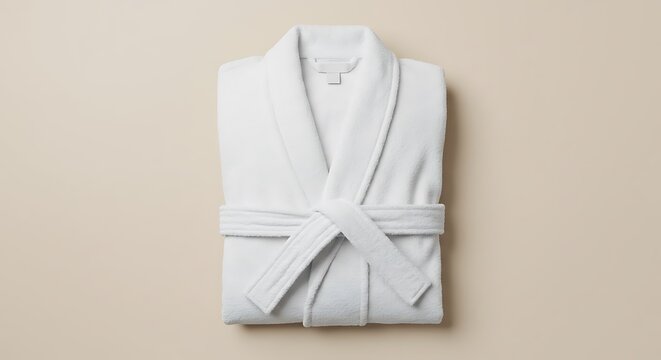 Mockup a clean white terry cloth bathrobe folded and tied with a belt, isolated on a light beige background for commercial usage