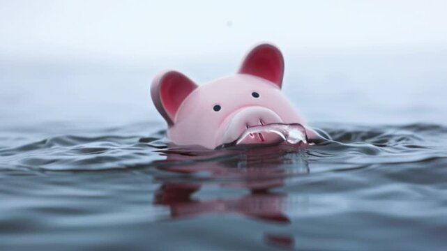 Piggy bank floating in water, financial crisis savings drowning, money loss bankruptcy concept, sinking economy investment risk, debt burden liquidation, unstable finance budget collapse recession tro