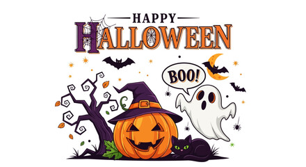 Spooky happy Halloween scene with a friendly ghost, jack-o-lantern, and black cat under a crescent moon.