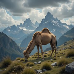 A camel grazing on grassy highland near tall peaks, dramatic sky, highly detailed