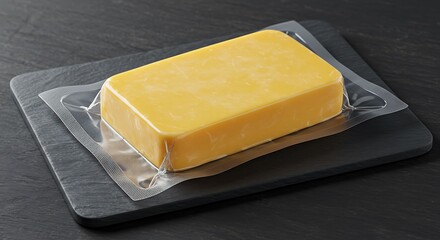 Mockup a block of cheddar cheese vacuumsealed and presented on a dark slate board for commercial usage