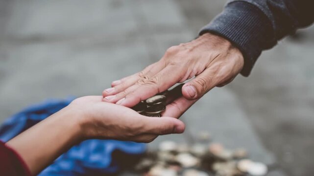 Close up hand giving money to poor and homeless person, helping hungry man with charity donation, encouragement and sharing kindness concept, poverty support compassion footage, human care humanitaria