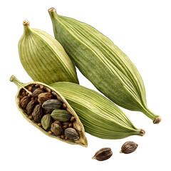 Whole and split green cardamom pods with seeds on a black background