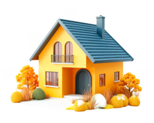 Animated yellow house exhibits blue tiled roof and small yard on transparent background