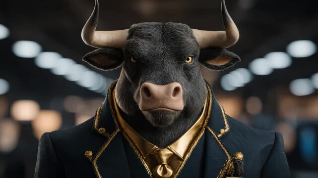 Bull animal anthropomorphic portrait formal black and gold suit with tie, serious expression, sharp horns, powerful business office background, elegant fantasy character attire, confident gaze close