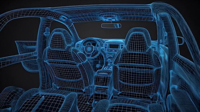 Digital Wireframe Car Interior 3D Render Technology Concept.
