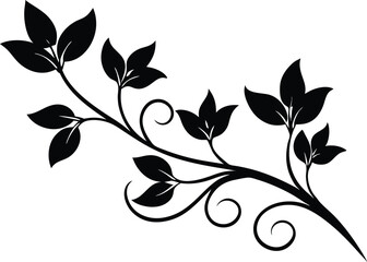 Decorative Swirl Vine with Leaves, Vector Art, Flowing Leafy Vine Silhouette, Vector Illustration