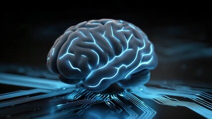 Glowing blue digital brain with neon circuit lines representing artificial intelligence, neural technology, and innovation in futuristic digital circuit technology - Powered by Adobe