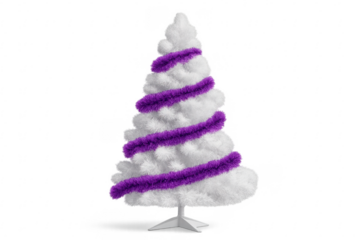 White christmas tree with purple tinsel on transparent background
