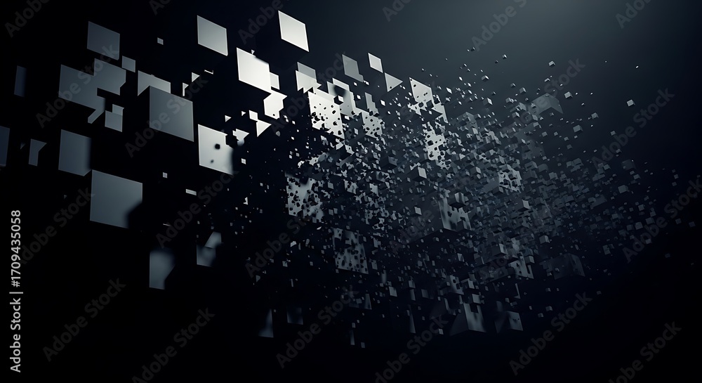 Aufkleber abstract geometric cubes and particles disintegrating: a dynamic digital technology concept backgrou