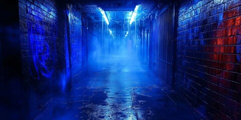 Futuristic underground tunnel illuminated by neon lights