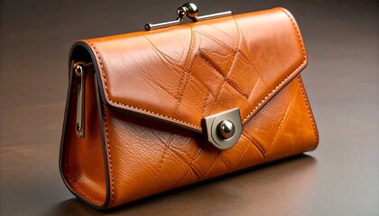 Stylish brown leather handbag with flap closure, circular metallic button, and vintage clasp frame against a dark gradient background