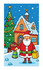 Whimsical winter wonderland scene featuring Santa Claus carrying a gift sack, decorated Christmas tree, snowy house, and festive ornaments in magical holiday spirit