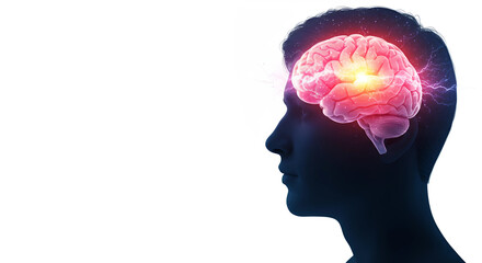 Medical illustration of a human brain with electrical impulses emanating from it, symbolizing thought, ideas, and cognitive processes in a stylized, anatomical representation of the head