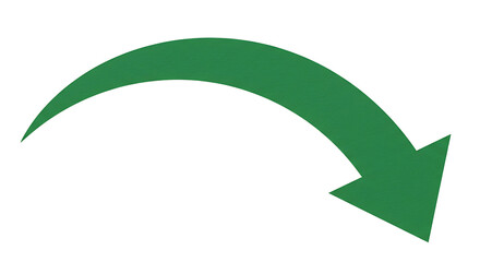 A stylized green arrow curves downwards and to the right, signifying direction, progress, or a downward trend on a clean white background, suitable for design elements