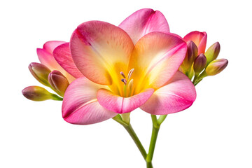 Fototapeta premium Beautiful pink and yellow freesia flower isolated detail macro photography nature bloom isolated on transparent background