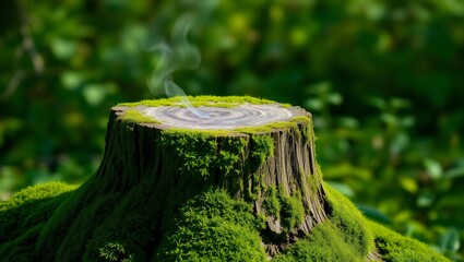 Moss covered tree stump in a lush green forest with soft focus background