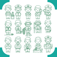 Set of cartoon people in various professions and uniforms.