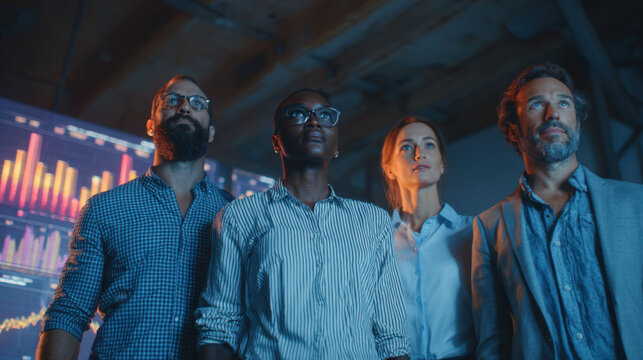 Business professionals analyzing futuristic data projections