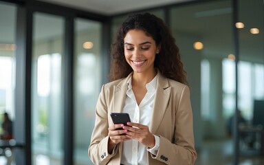 Happy young Latin Hispanic business woman holding mobile cell phone, watching app for work. Smiling middle eastern entrepreneur businesswoman holding smartphone cellphone standing in modern office