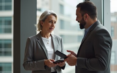 Senior mature grey-haired business woman having discussion with male employee meeting in office lobby. Diverse friendly coworkers talking using digital tablet, discussing project and sharing ideas.