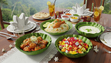 chicken manchurian in banana leaf bowl with chicken briyani in the banana leaf bowl and with fruit salad in banana leaf and curd with pomegranate seeds