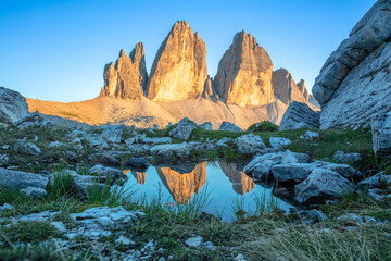 Tre Cime di Lavaredo and Reflection in a Small Pond