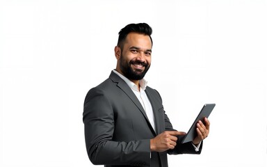 Portrait of Hispanic bearded mature adult professional business man looking at camera. Smiling Indian senior businessman CEO holding digital tablet using tab application on isolated white background