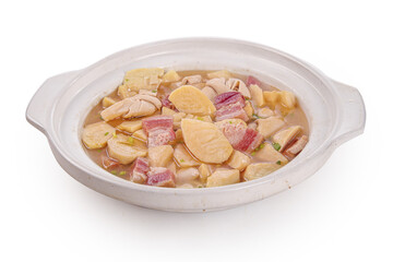 Fresh Bamboo Shoots Alpine Origin Hot Pot with Mixed Vegetables and Meat in Ceramic Bowl