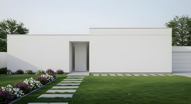 Simple white house with a minimalist facade and stepping stone path
