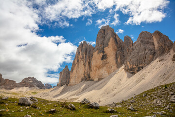 Tre Cime di Lavaredo in Sunshine and Light Clouds