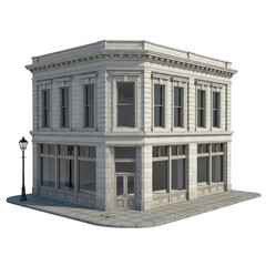 3d render of classic bank building architecture with ornate details and street lamp transparent background