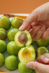 Fresh Green Plums Aksu Xinjiang Fruit Split Half Hands Box Organic Healthy Stone Fruit Harvest