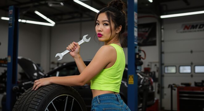 A young Asian female mechanic holds a wrench while posing in an auto repair shop. Woman working with a car tire in a garage.