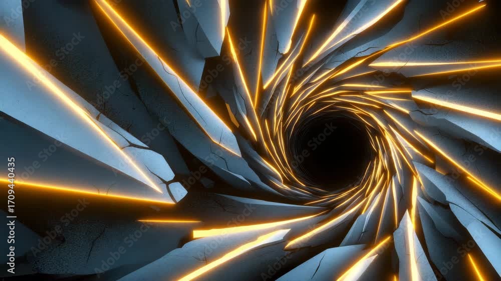 Wall mural abstract tunnel glowing orange light spiral with cracked stone textures, dynamic futuristic design c