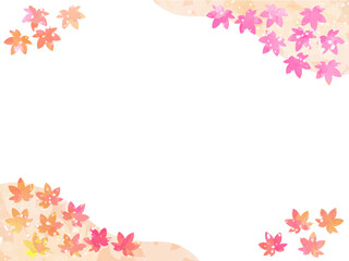 モミジの紅葉イメージの背景素材。水彩風テクスチャー。葉っぱのシルエット。かわいい色調。光の粒子や水滴の輝き。コーナータイプ。対角に山と葉っぱのシルエットのコンビネーション。変化のあるあしらいのフレーム。