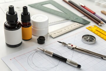 Architect working on blueprint with tools and paper in office