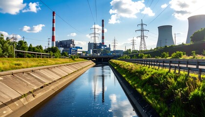 Obraz premium Power plant by canal, sunny day